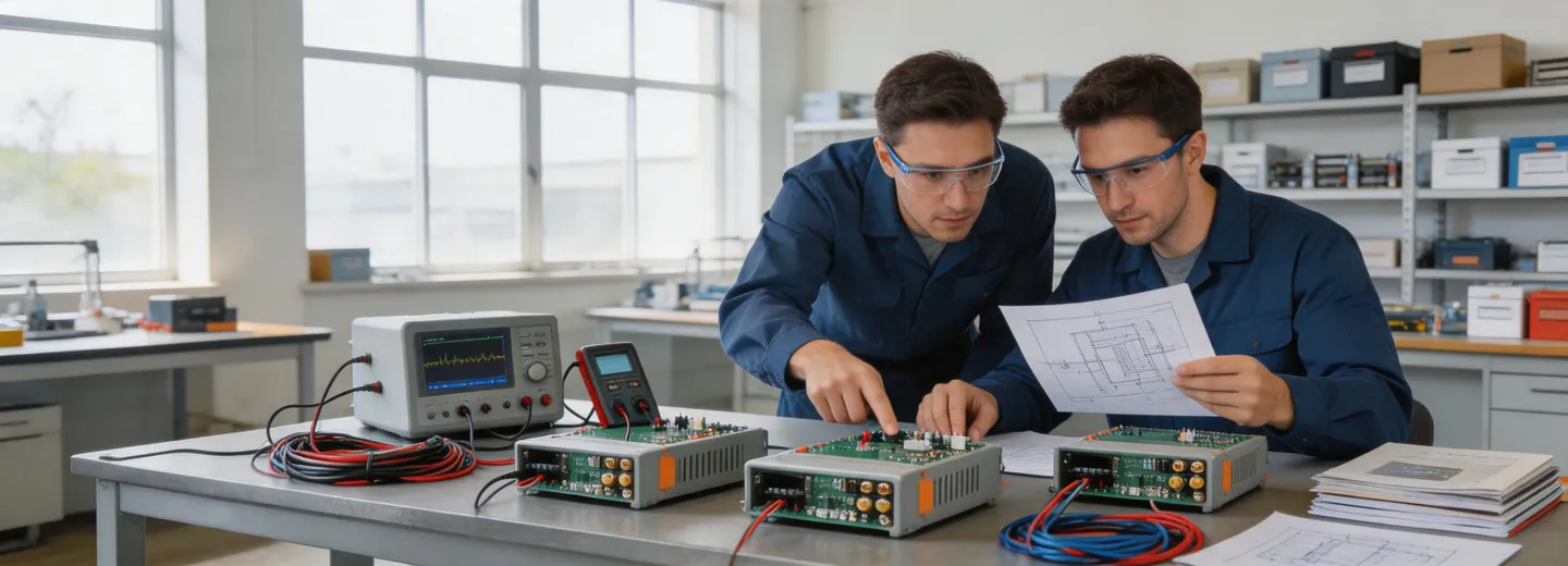 Solar electronics team reviewing controller assemblies